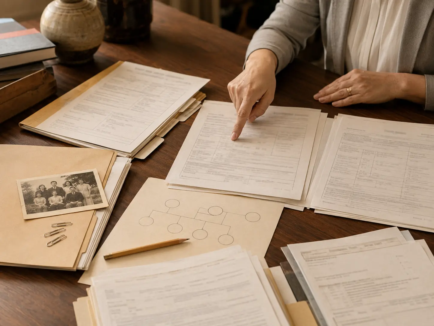 Civil records and a family relationship map organized on a desk